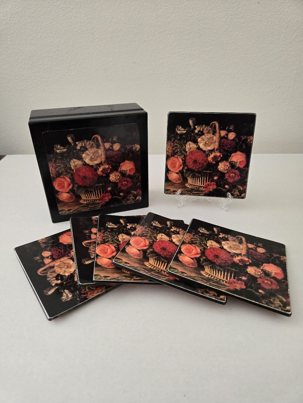 VTG 70s Pimpernel Italian Earthy Floral Black Wooden Coaster Set W Matching Case